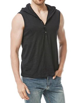SCEINRET Мъжки Леки блузи без ръкави, Дишаща Однотонная ежедневни тренировочная риза с копчета за мускулите, блузи с качулка
