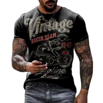 Годишната Реколта мъжки мотоциклетът тениска Оверсайз С 3D HD принтом, Модни състезателна фланелка С Кръгло деколте И къс ръкав, Бързосъхнеща Удобна Риза