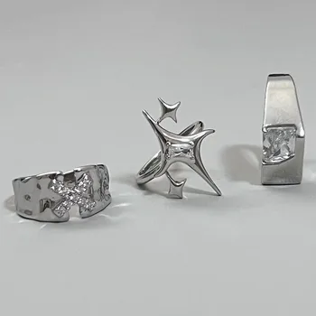 Пънк-Харадзюку Y2K, блестящи пръстени с кристали във формата на звезда и кръст за жени, Годежен пръстен за двойки Унисекс, Вечерни Творчески украса