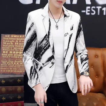 Есен 2023, нов мъжки яке, тенденция, персонални модерен принт, оборудвана костюм, висококачествен Корейски случайни яке.