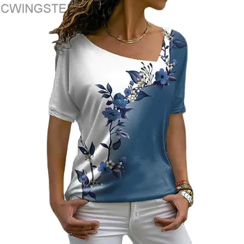 Летни Дамски тениски с 3D Цветен принтом, Блузи с V-образно деколте и къс ръкав, Ежедневни Дамски тениска, Модни Тениски Harajuku, Дамски дрехи Y2k