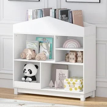 Детска лавица за книги, Дървени детски библиотеки шкафове с място за съхранение, етажерка под формата на играта къща, библиотеката под формата на куклена къща за момчета и момичета, бял