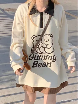 Блузи с принтом мечка, яка Поло, дамски hoody с дълъг ръкав, Корейски върховете оверсайз 2024, реколта риза, скъпа hoody JK за тийнейджъри