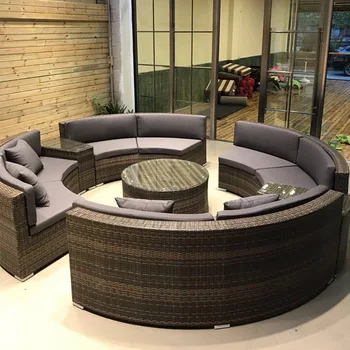 Уличен диван от ратан, художествена мебели за вътрешния двор на вилата, комбинация кръгли мека мебел от ратан от полиетилен