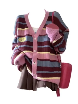 Есен-зима, корейски модерен женски жилетка в ярки цветове, в райе, пуловер 2000-те, естетичен однобортный дебели плетива голям размер