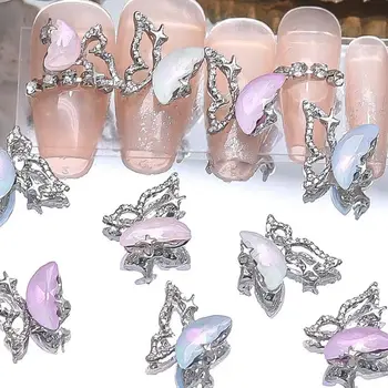 2 бр./компл. Карамел цвят Butterfly Crystal Звезда Прозрачен Планински кристал Сплав Окачване за нокти 3D Циркон Декорации за нокти, Бижута