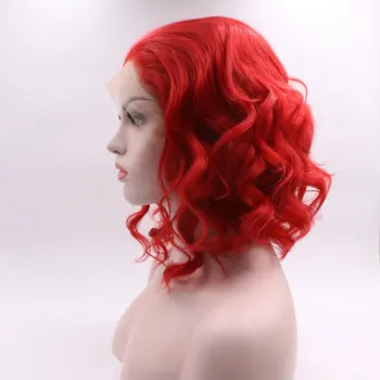Огнено-червени Къси Свободни Обемни синтетични перуки размер 13Х4 на дантели отпред от бесклеевого устойчиви на висока температура влакна, с естествена линия на растеж на косъма за женски cosplay