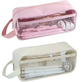 1 комплект прозрачни пеналов за японски момичета с голям капацитет, скъпи молив случай за моливи, бяло и розово