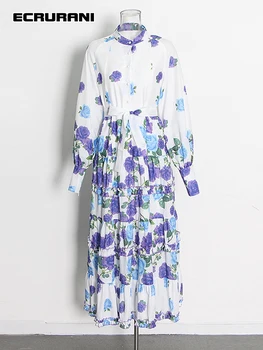 Женствена рокля Midi в сгъвката с флорални принтом ECRURANI, яка стойка, дълъг ръкав, присборенная талия, рокли трапецовидна форма с цветни блокчета, дамски рокли от 2021 г.