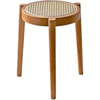 Сплетен кръг стол от ратан Nordic от масивно дърво за грим, ниска луксозна коридор за преобличане обувки от ратан